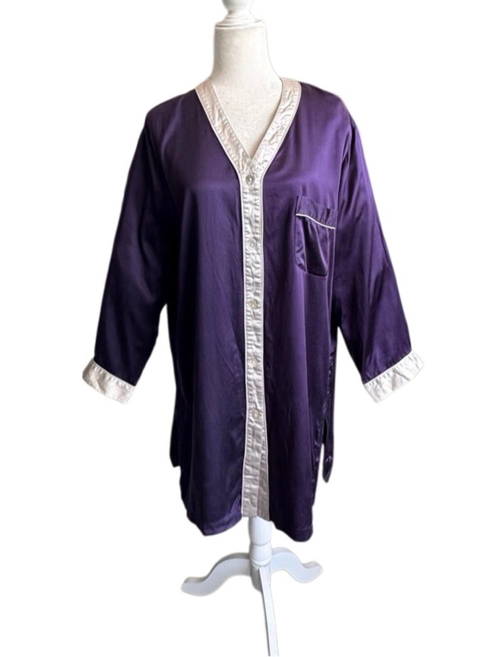 WinterSilks Vintage Robe Pajamas 100% Silk Purple Silver Pocket Long Sleeves L